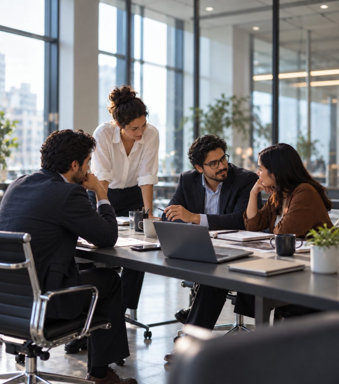 Equipo de trabajo reunido alrededor de una mesa