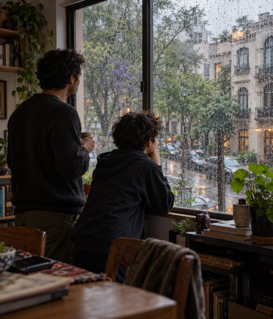 Un padre y su hijo observan la lluvia desde la ventana de su casa