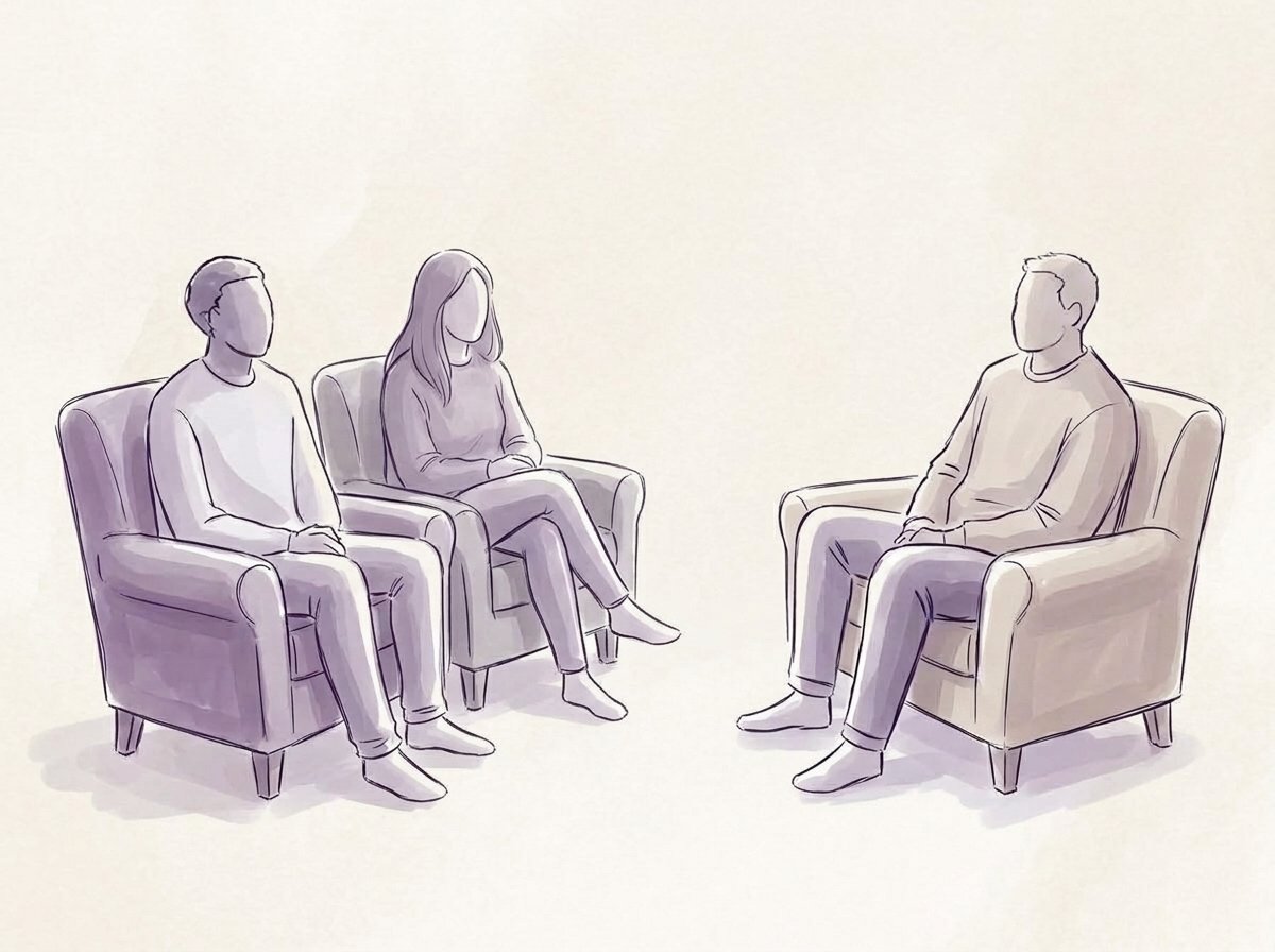 Una pareja conversa con su terapeuta en un consultorio